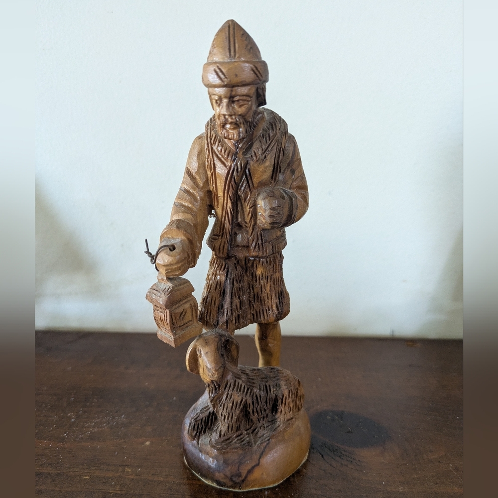 Vintage Hand Carved Olive Wood Shepherd Figurine w/ Lamb & Lantern - Holy Land